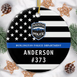 Polizeiabteilung Logo für Blaue Strafverfolgung Keramik Ornament<br><div class="desc">Thin Blue Line Police Department Weihnachtsschmuck - Amerikanische Flagge in Polizei Flag Farben, moderne schwarz und blau Design . Passen Sie sich mit Ihrem Abteilungslogo an, und personalisieren Sie die Personalisierung mit dem Namen der Polizeibeamten und der Abzeichen-Nummer. Dieses personalisierte Vollzugsschmuck eignet sich hervorragend für Polizeidienststellen und Strafverfolgungsbeamte, kleine Geschenke...</div>