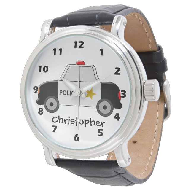 Polizeiauto-Design nur Namen hinzufügen Armbanduhr (Schrägansicht)
