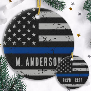 Polizeibeamte - US-amerikanische Flagge - Blaue Li Keramik Ornament