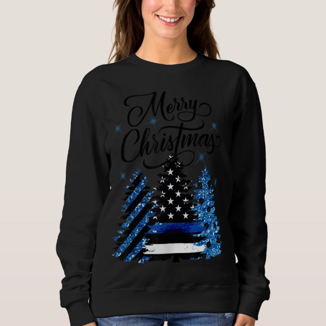 Polizeibeamter Thin Blue Line Flag Weihnachtsbaum Sweatshirt (Vorderseite)