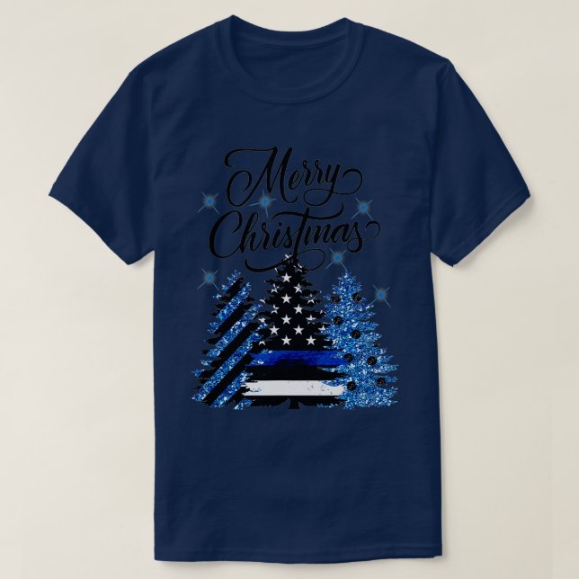 Polizeibeamter Thin Blue Line Flag Weihnachtsbaum T-Shirt (Design vorne)