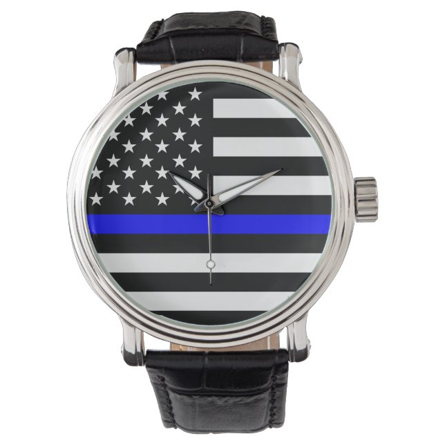 Polizeifahne blauer Linie Flagge usa vereinte Staa Armbanduhr (Vorderseite)