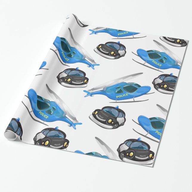 Polizeihubschrauber und Polizeiauto. Geschenkpapier (Ungerollt)