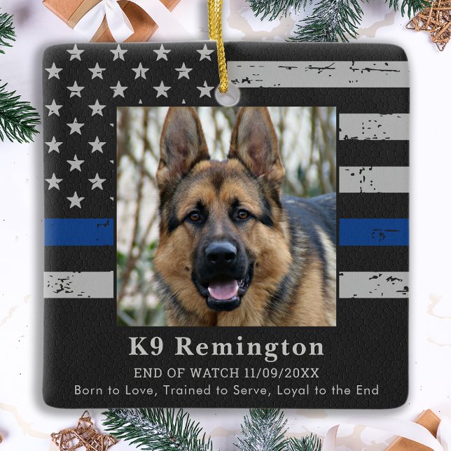 Polizeihund K9 Memorial Foto EOW Thin Blue Line Keramikornament (Von Creator hochgeladen)