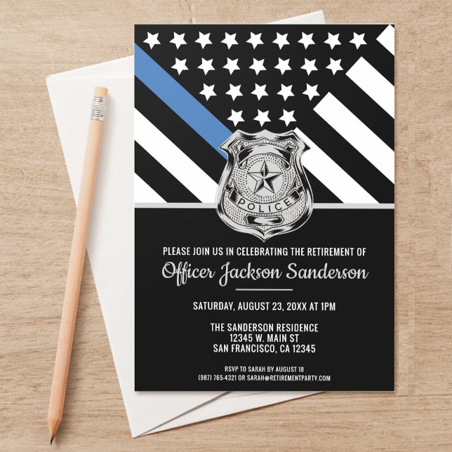 Polizeiliche Altersversorgung - Blaue Linie - Durc Einladung (Perfect invitations to invite guests to honor the retiring police and law enforcement officer.)