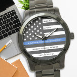 Polizeiliche Altersvorsorge Geschenk Personalisier Armbanduhr<br><div class="desc">Feiern Sie einen hervorragenden Polizeibeamten mit dieser Thin Blue Line Retirement oder die Jubiläumspolizei Pocket Watch - American Flag Design in Police Flag Farben in einem modernen schwarzen und blauen Design und freuen Sie sich darauf. Ideal für Dienstauszeichnungen und Geschenke für das Polizeirezept und für den gesetzlichen Ruhestand. Personalisieren Sie...</div>