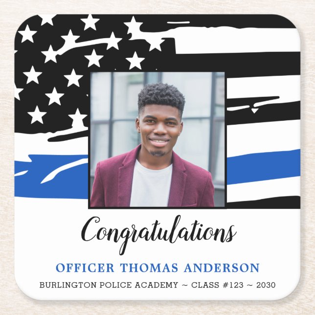 Polizeiliche Graduierung Party Foto Thin Blue Line Rechteckiger Pappuntersetzer (Vorderseite)
