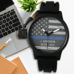 Polizeiliche Personalisierte Strafverfolgung dünne Armbanduhr<br><div class="desc">Feiern Sie mit diesem Thin Blue Line Police Watch - American Flag Design in Police Flag Farben, Not leidendes Design und freuen Sie sich auf einen hervorragenden Polizeibeamten. Perfekt für Service-Awards und Police Abschluss Geschenke . Personalisieren Sie Ihre Abzeichen-Nummer. COPYRIGHT © 2020 Judy Burrows, Black Dog Art - Alle Rechte...</div>