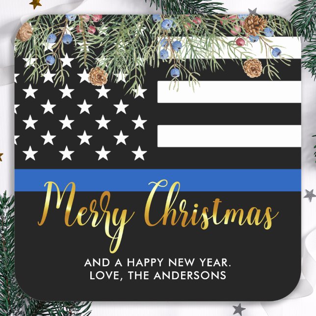 Polizeiliche WeihnachtsVollzug Thin Blue Line Quadratischer Aufkleber (Von Creator hochgeladen)