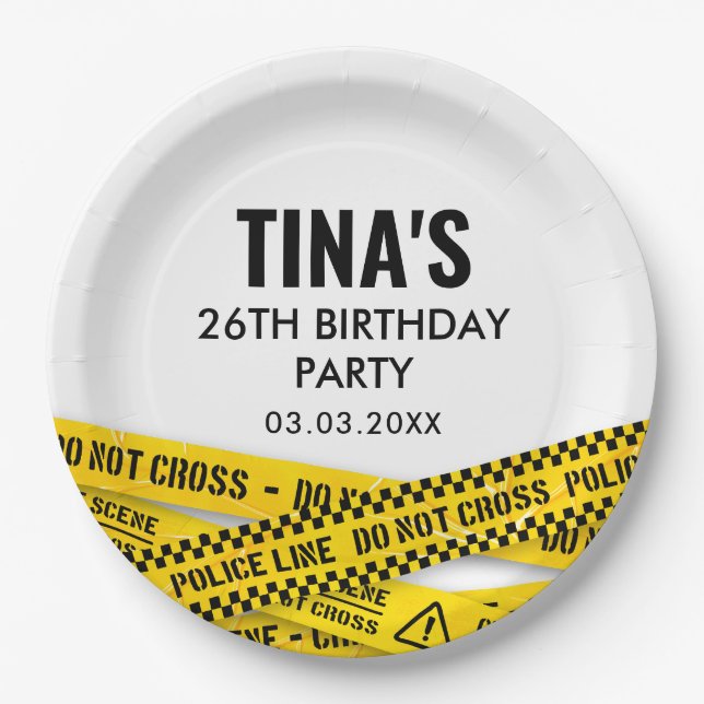 Polizeiliches Party mit gelben Kriminalitätsstreif Pappteller (Vorderseite)