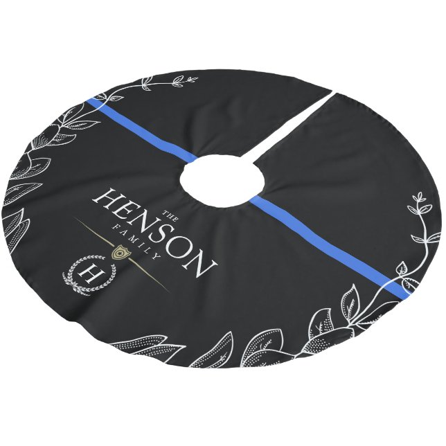 Polizeimonogramm| Thin Blue Line Weihnachten Polyester Weihnachtsbaumdecke (Schrägansicht)