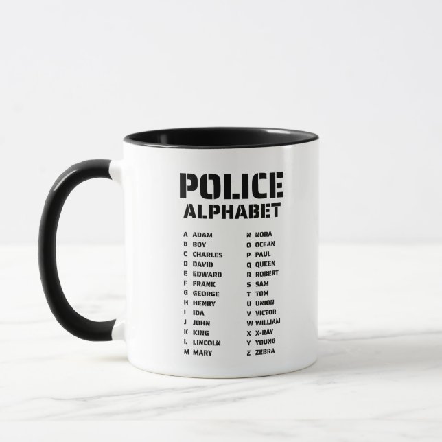 Polizeiphonetic Alphabet Chart für Offiziere Tasse (Links)