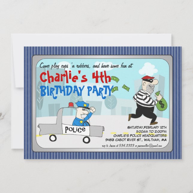 Polizist für Robbers Cartoon Party Einladung (Vorderseite)
