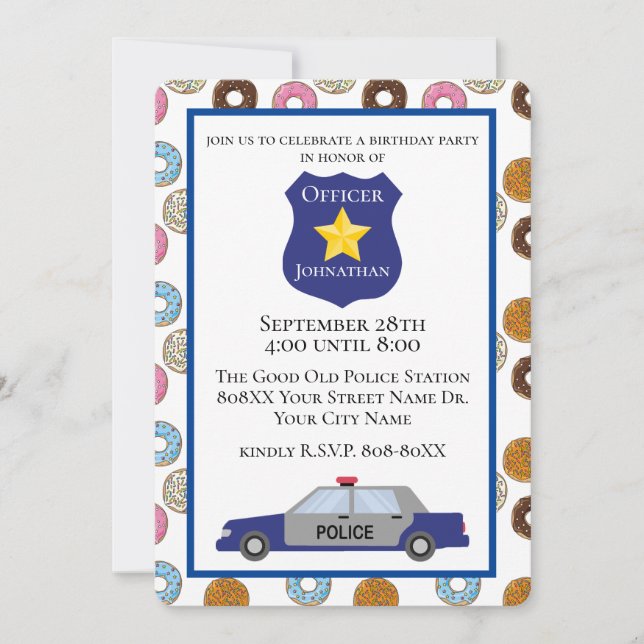 Polizist Party mit Donuts Einladung (Vorderseite)