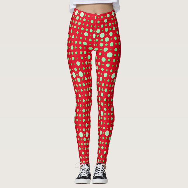 Polka Dot 02.Green. Red BG Leggings (Vorderseite)