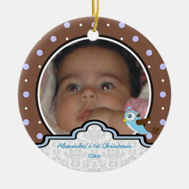 Polka dot baby boy first Christmas Foto Keramik Ornament (Vorne)