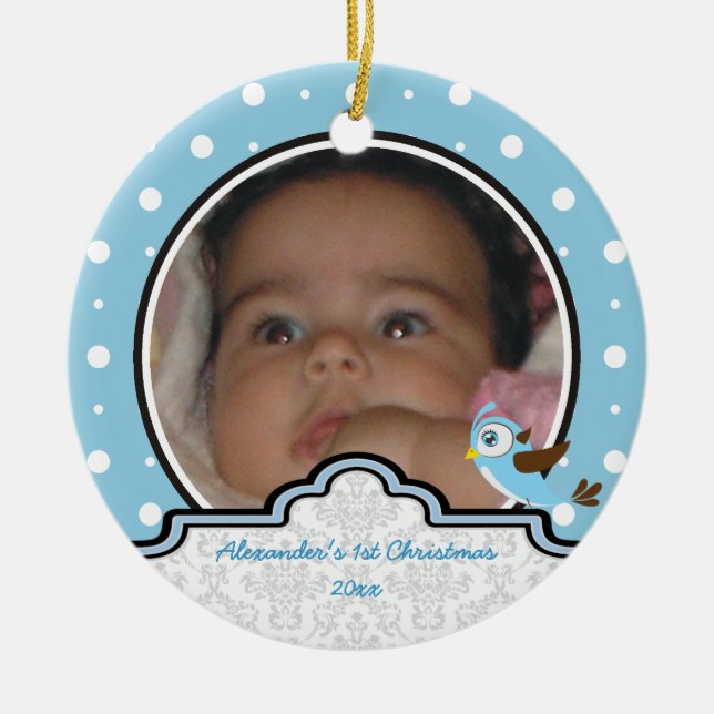 Polka dot baby boy first Christmas Foto Keramik Ornament (Vorne)