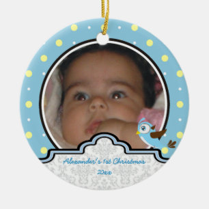Polka dot baby boy first Christmas Foto Keramikornament