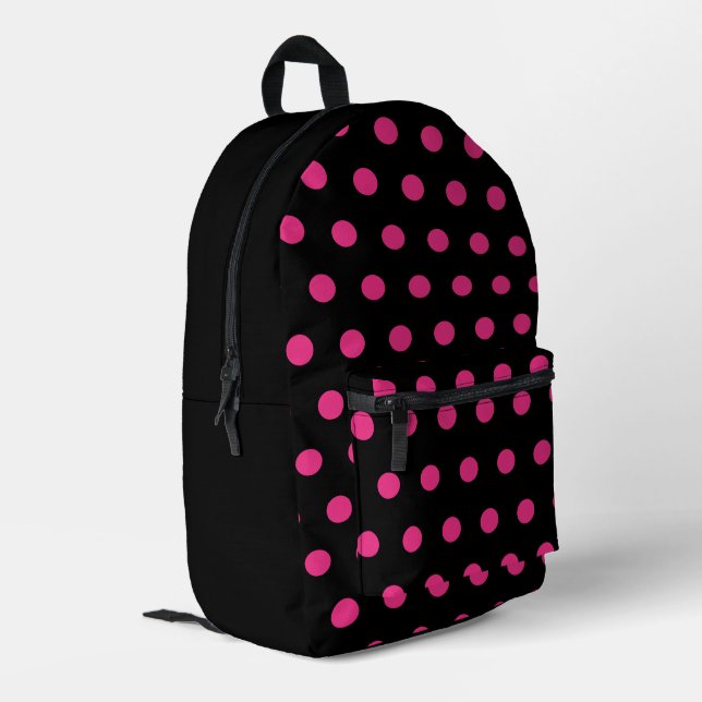 Polka Dot Backpack (Schwarz & Neon Pink) Bedruckter Rucksack (Rückseitige Ecke links)