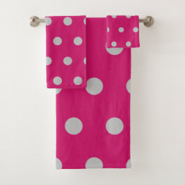 Polka Dot Bath Towels (Hot Pink & Gray) Badhandtuch Set