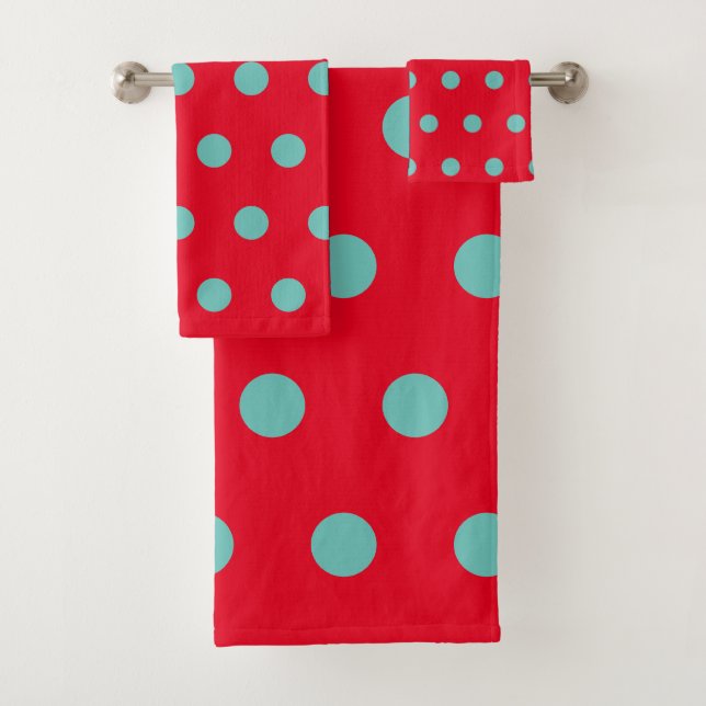 Polka Dot Bath Towels (Red & Aqua) Badhandtuch Set (Insitu)