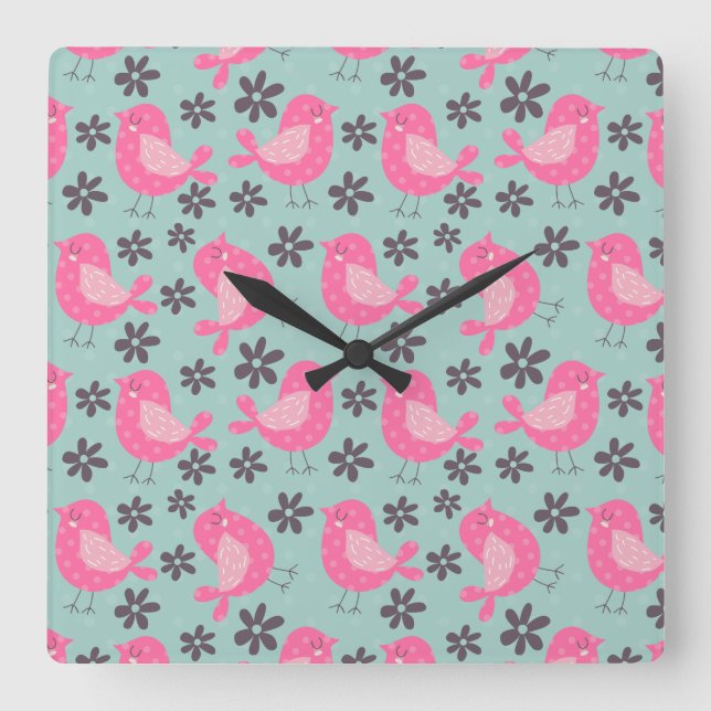 Polka Dot Birds und Blume Quadratische Wanduhr (Vorderseite)