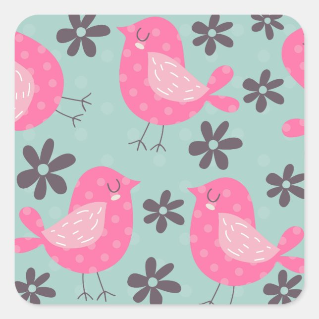 Polka Dot Birds und Blume Quadratischer Aufkleber (Vorderseite)