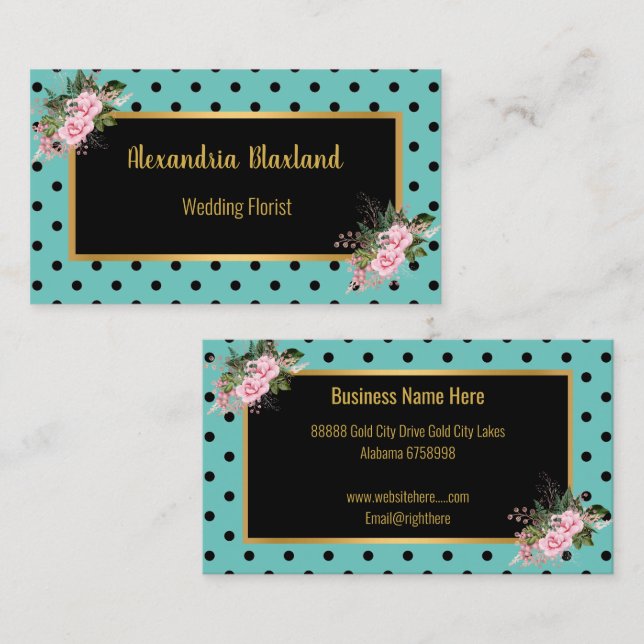 POLKA DOT BLACK GOLD AQUA FLORAL BUSINESS CARD VISITENKARTE (Vorne/Hinten)