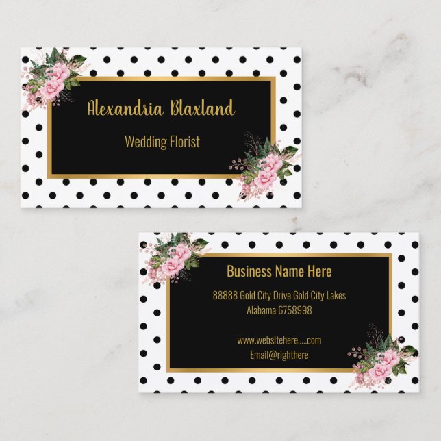 POLKA DOT BLACK GOLD PINK FLORAL BUSINESS CARD VISITENKARTE (Vorne/Hinten)