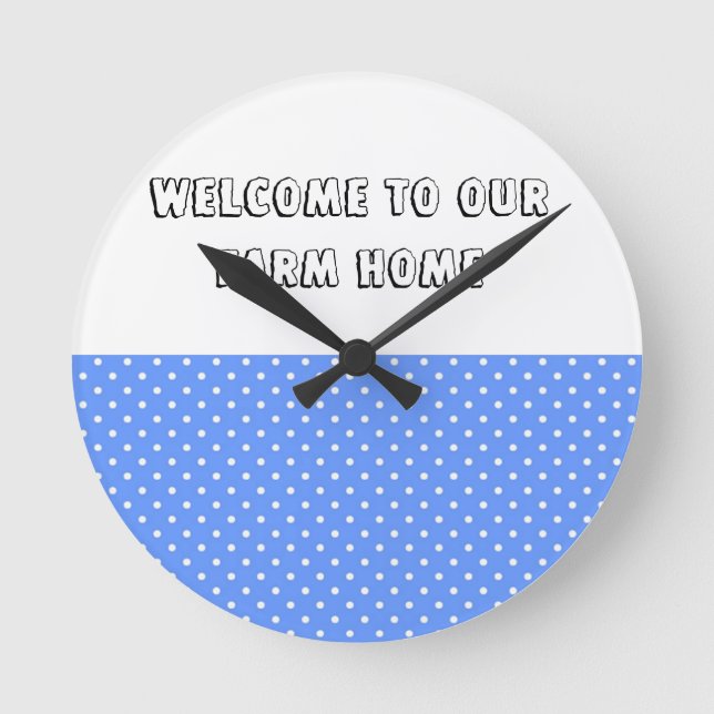Polka Dot Blue & White Farm Zuhause Clock Runde Wanduhr (Vorderseite)