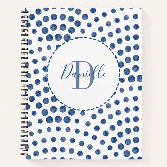 Polka Dot Blue Wirbel Monogram Name Notizbuch (Vorderseite)