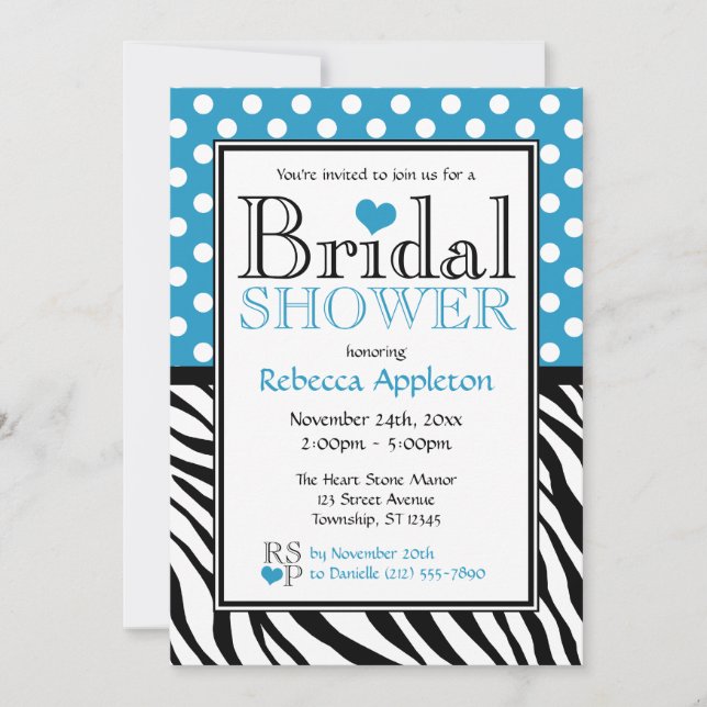 Polka Dot Blue & Zebra Print Brautparty Einladung (Vorderseite)
