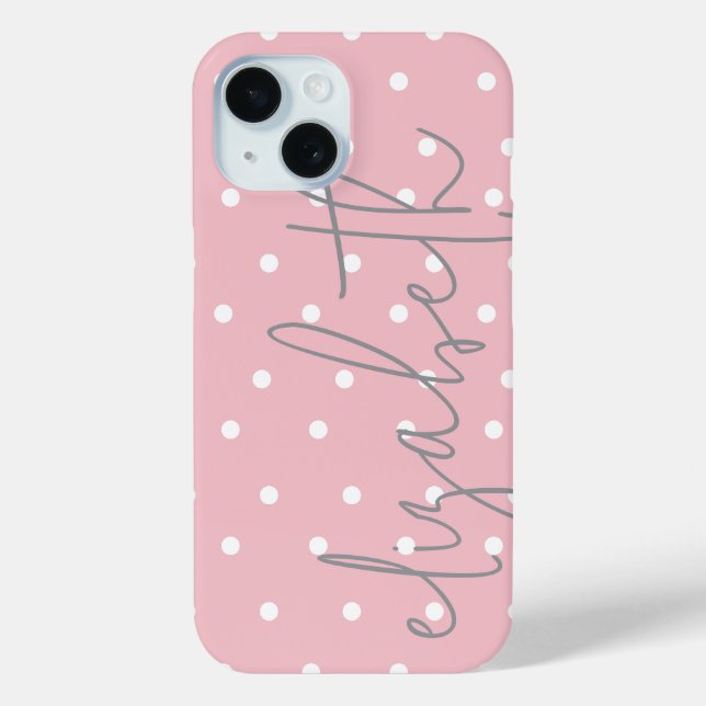 Polka Dot blush pink & gray name iPhone Case (Rückseite)