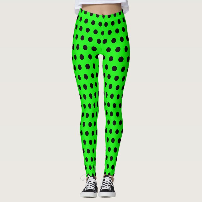 Polka Dot Bright Lime Green und Black Leggings (Vorderseite)