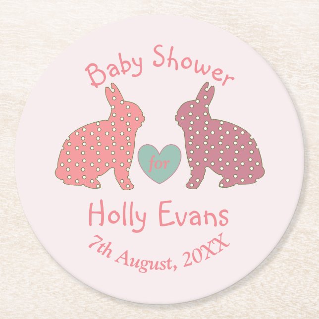 Polka Dot Bunnies Custom Baby Shower Runder Pappuntersetzer (Vorderseite)