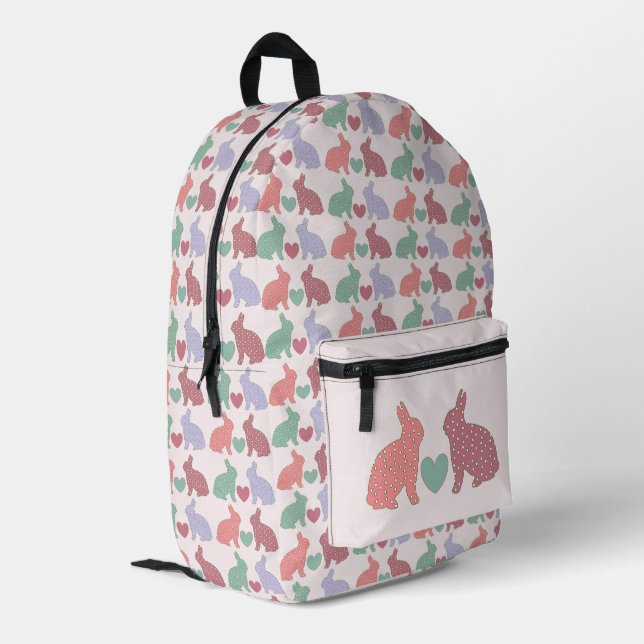 Polka Dot Bunnies und Herz-Muster auf rosa Bedruckter Rucksack (Rückseitige Ecke links)