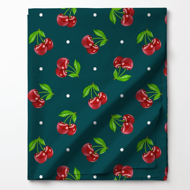 Polka Dot Cherries on Dark Aquamarin Stoff (Von Creator hochgeladen)