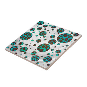 Polka Dot Cow Brown und Aquamarin Print Fliese