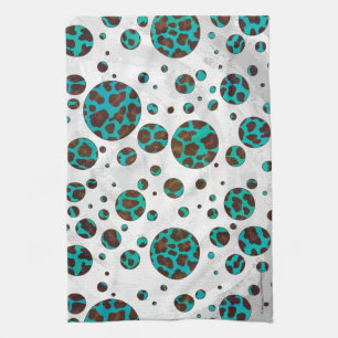 Polka Dot Cow Brown und Aquamarin Print Geschirrtuch