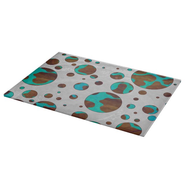 Polka Dot Cow Brown und Aquamarin Print Schneidebrett (Ecke)