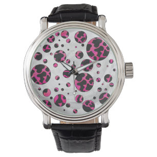 Polka Dot Cow Hot Pink und Black Print Armbanduhr