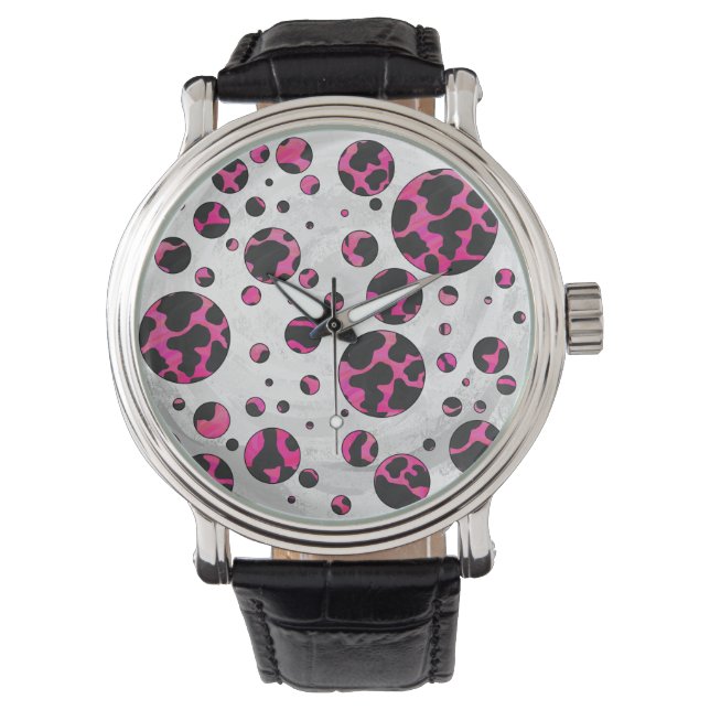 Polka Dot Cow Hot Pink und Black Print Armbanduhr (Vorderseite)