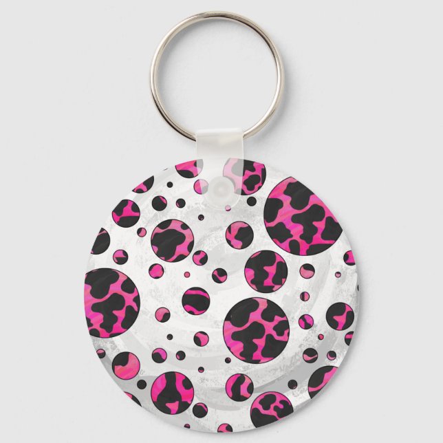 Polka Dot Cow Hot Pink und Black Print Schlüsselanhänger (Vorderseite)