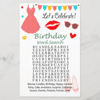 Polka dot dress Birthday Word Search Game