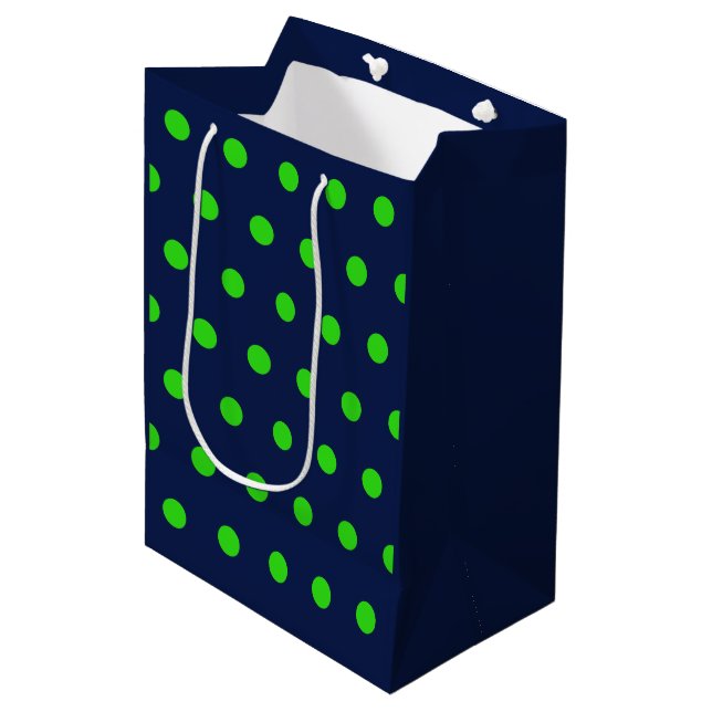 Polka Dot Geschenktasche (Navy Blue & Lime Green) Mittlere Geschenktüte (Vorderseite Schrägansicht)