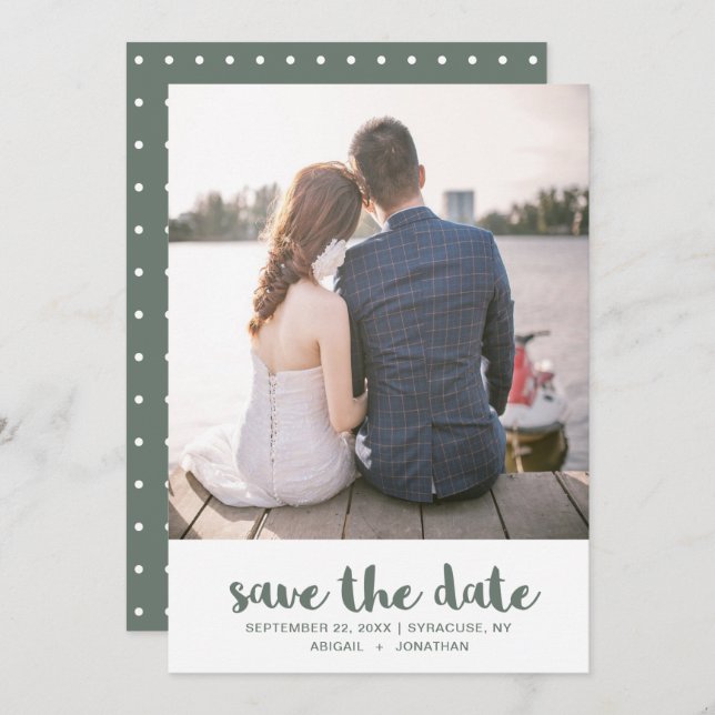 Polka Dot Green Foto Wedding Save The Date (Vorne/Hinten)