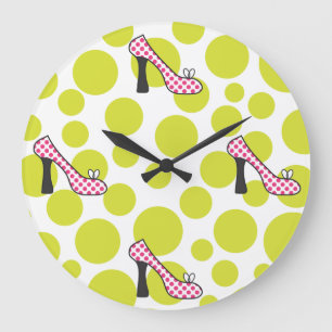 Polka Dot High Heel Pink & Green Shoes Clock Große Wanduhr