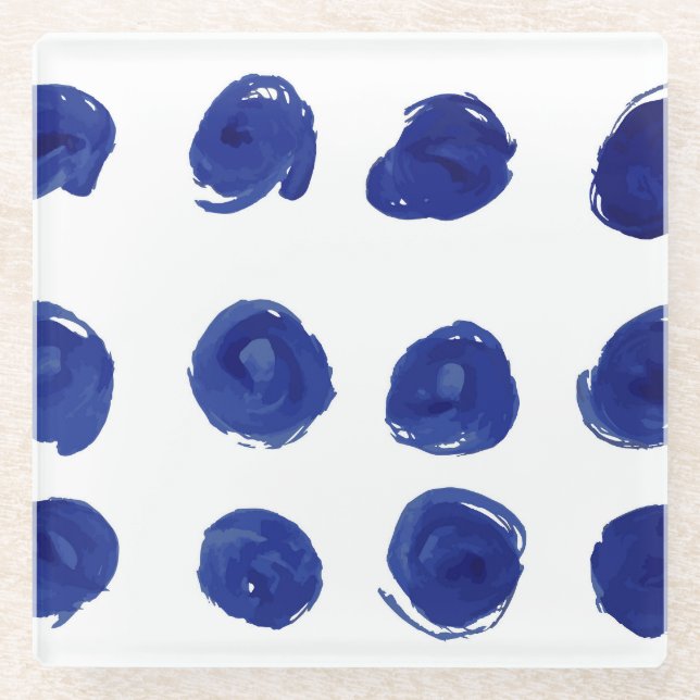 Polka dot, indigoblau Aquarell. Glasuntersetzer (Vorderseite)