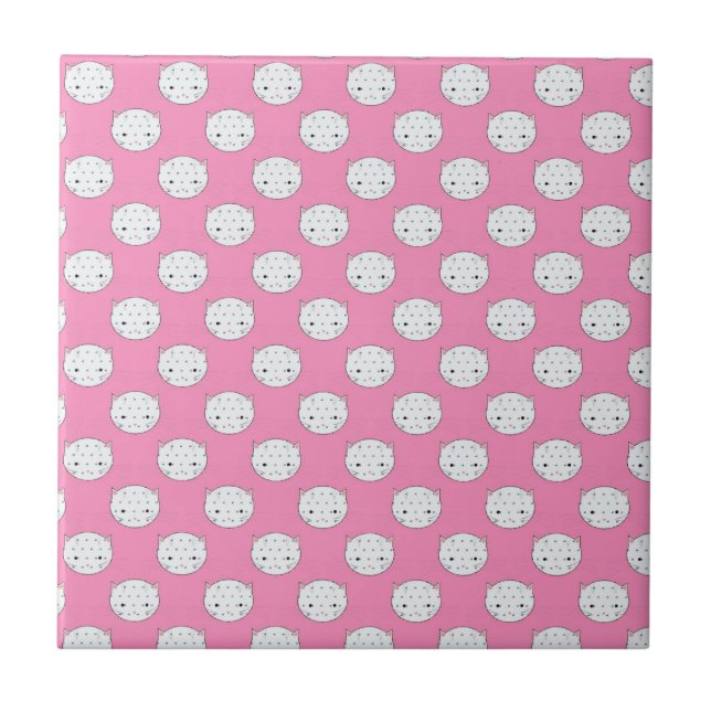 Polka Dot Kitty Pink und White Cat Gesicht Muster Fliese (Vorderseite)