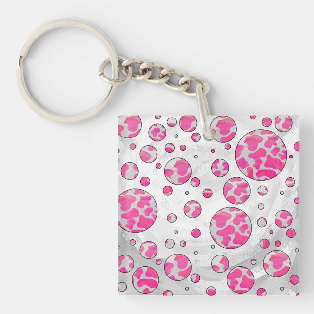 Polka Dot Kuh Rosa und Weiß Schlüsselanhänger (Vorderseite)